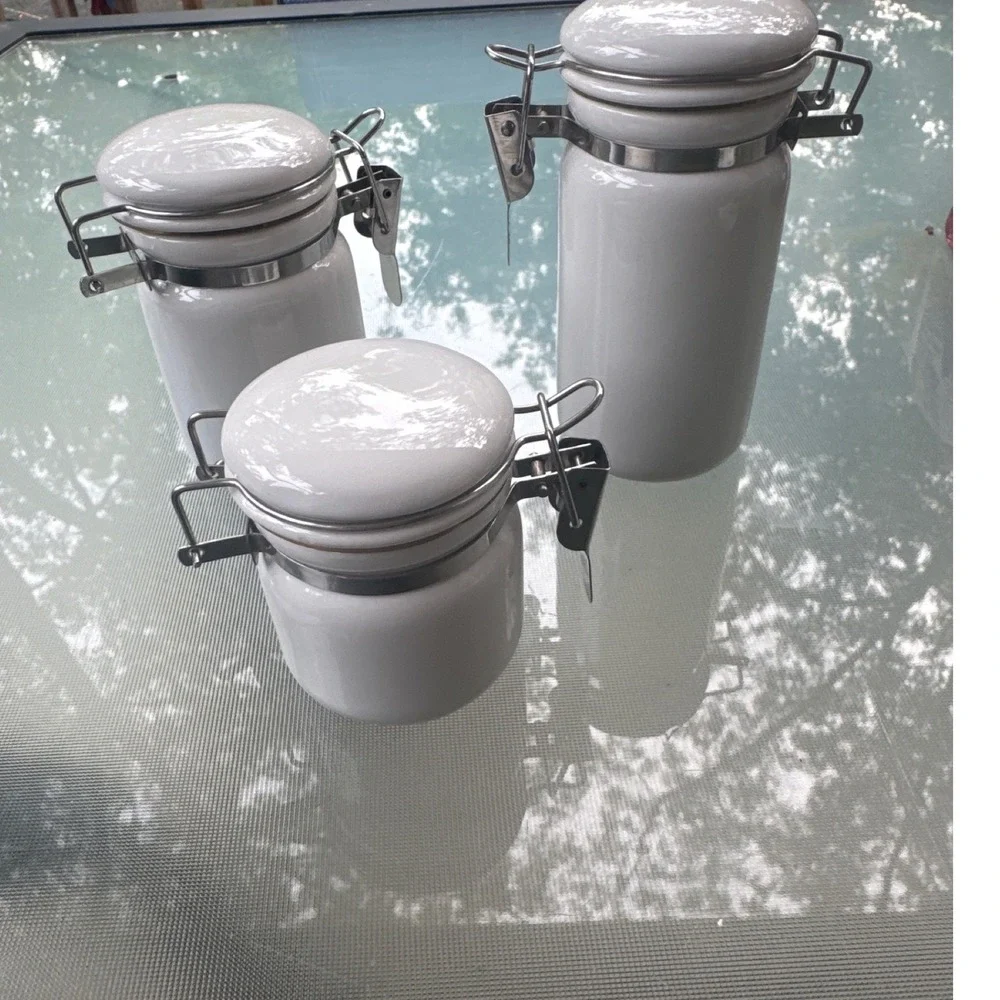 OGGI Ceramic Canister Set 3 Pc White Airtight Clamp Lock Lid Kitchen Storage